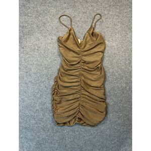 Spring Haze Gold Metallic Ruched Bodycon Mini Dress Mocha Glitter NWT SHD1387 L